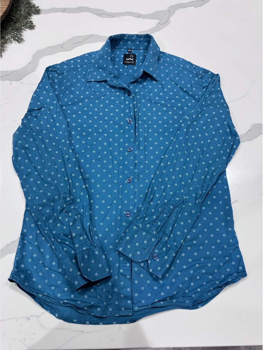 A Dapper Life Mens Blue Floral Button Up Shirt White Pattern Long Sleeve Casual